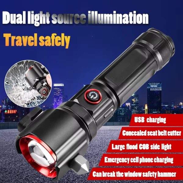 Emergency flashlight, power bank, glass breaker and belt cutter